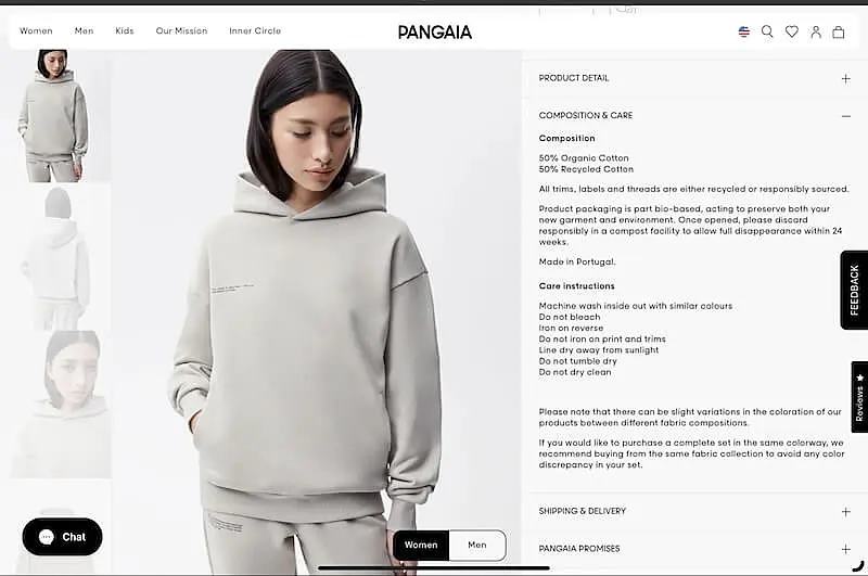 Pangaia ecommerce website product page