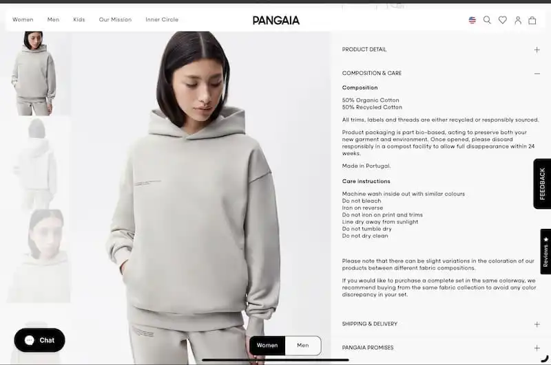 Pangaia ecommerce website product page