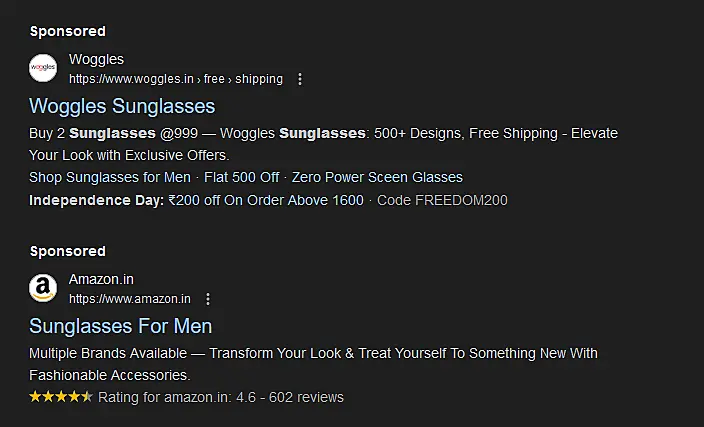 Google sponsored search results