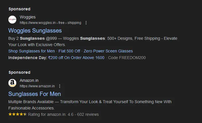 Google sponsored search results