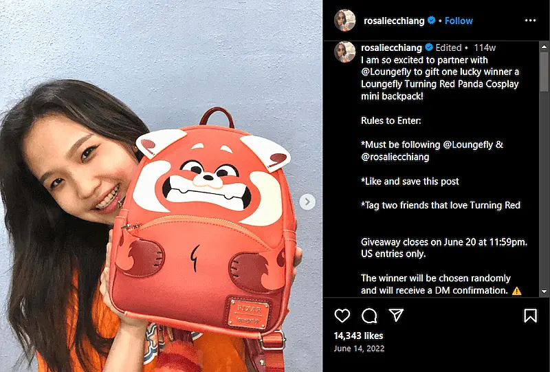 Instagram post showing a woman holding a backpack.