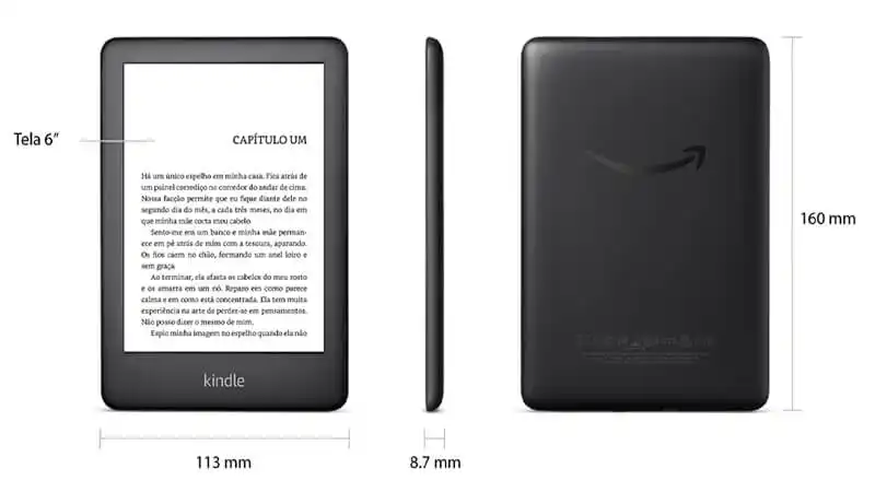 detalhamento das dimensões de um Kindle