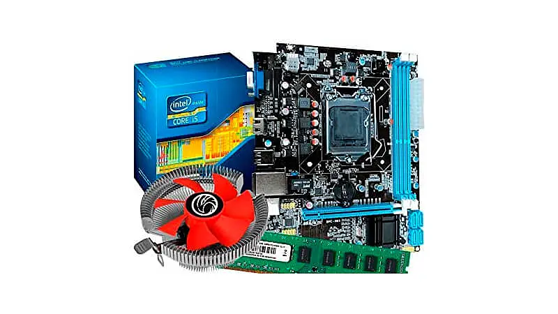 imagem que mostra um kit com um processador Intel dentro da caixa, uma placa mãe, um pente de memória RAM e um cooler na cor vermelha