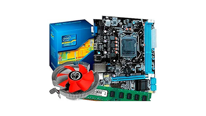 imagem que mostra um kit com um processador Intel dentro da caixa, uma placa mãe, um pente de memória RAM e um cooler na cor vermelha