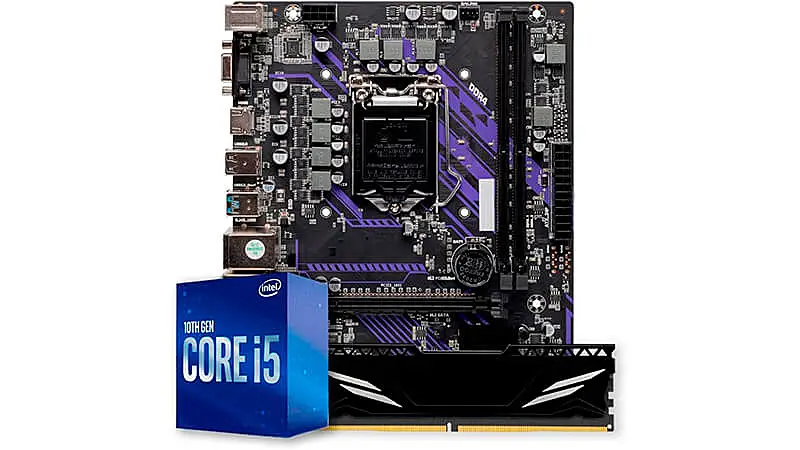 imagem que mostra um kit com um processador Intel dentro da caixa, uma placa mãe e um pente de memória RAM