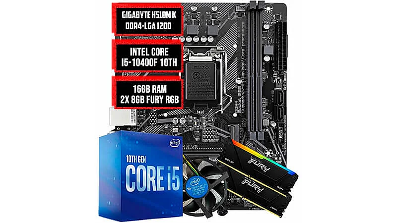 imagem que mostra um kit com um processador Intel dentro da caixa, uma placa mãe ao lado da caixa e um pente de memória RAM