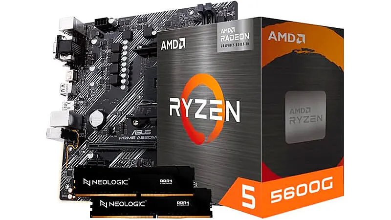 imagem que mostra um kit com um processador Ryzen ao lado da caixa, uma placa mãe e diversos pentes de memória RAM