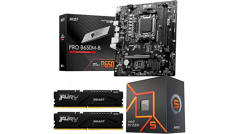 imagem que mostra um kit com um processador Intel dentro da caixa, uma placa mãe ao lado da caixa e um pente de memória RAM
