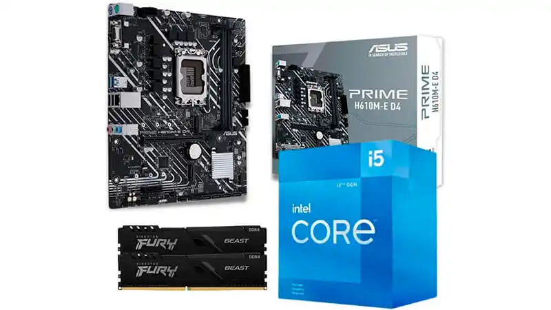 imagem que mostra um kit com um processador AMD Athlon, uma placa mãe, um pente de memória RAM, uma fonte de alimentação e um SSD de 120GB