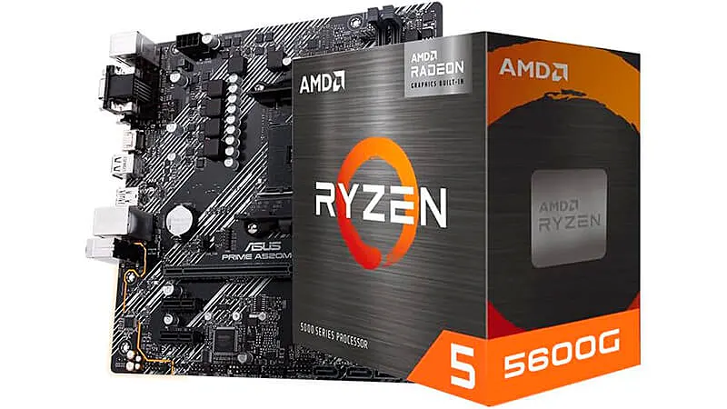 imagem que mostra um kit com um processador Ryzen dentro da caixa e uma placa mãe ao lado da caixa