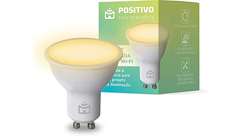 imagem de uma lâmpada inteligente da Positivo com design Spot ao lado da caixa