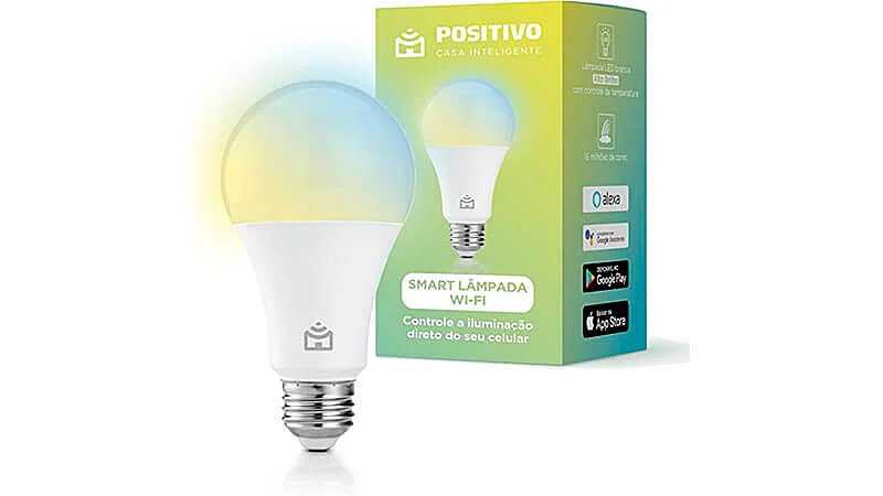imagem de uma lâmpada smart da Positivo ao lado da caixa