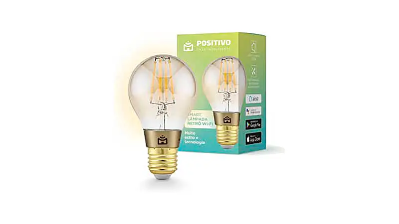 imagem de uma lâmpada smart da Positivo com design retrô e ao lado da caixa