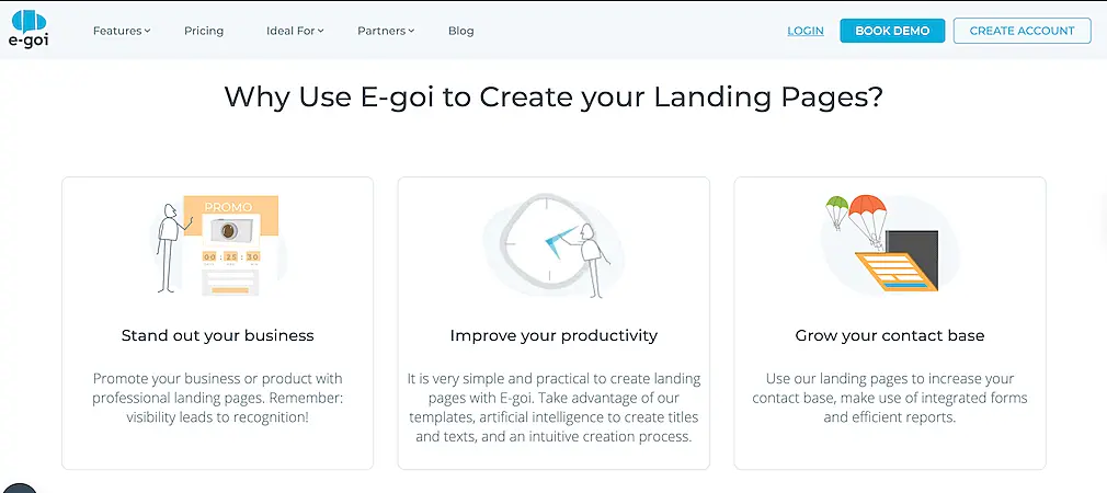 E-goi's website explaining the reasons why use E-goi to create landing pages