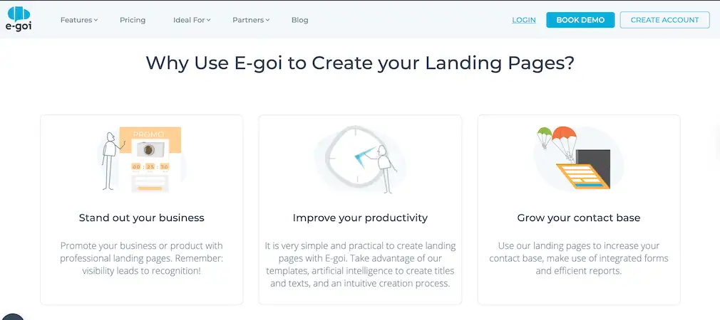 E-goi's website explaining the reasons why use E-goi to create landing pages