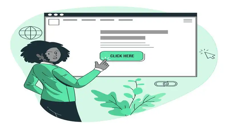 landing page ebook Ilustração de uma mulher clicando em botão de uma página