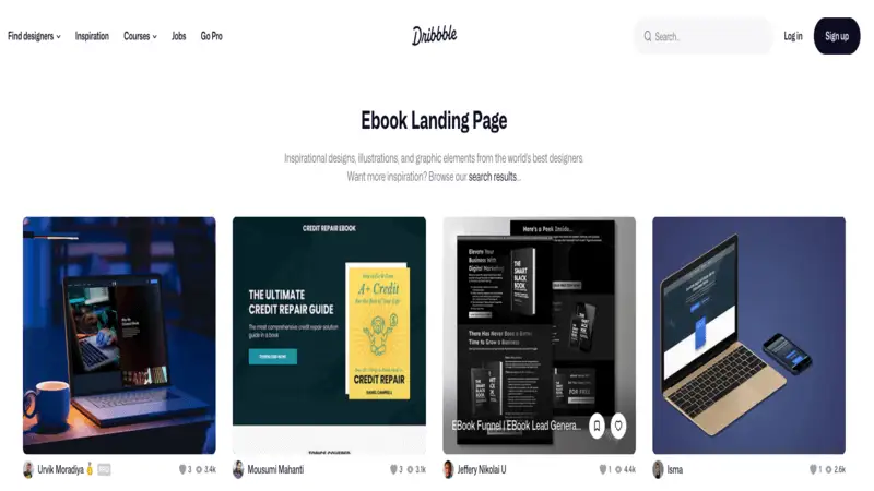 Landing page ebook captura de tela do Dribbble