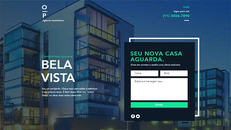 Captura de tela de landing page exemplos da wix