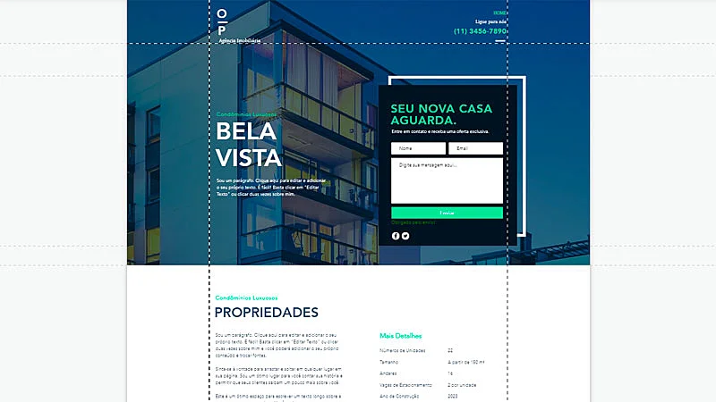 Captura de tela do layout de site de landing page de imóvel na Wix