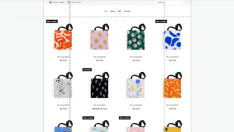 Captura do layout de site loja de acessórios na Wix com várias bolsas de exemplo