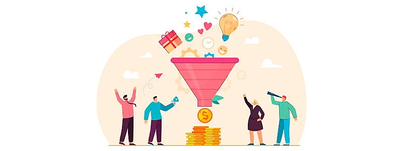 equipe de vendas e marketing vendo leads qualificados descendo no funil de vendas 