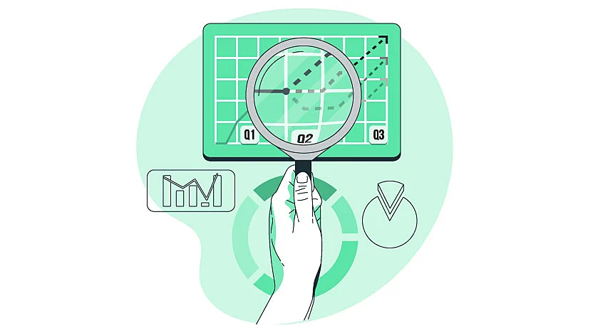 Imagen vectorial de una mano con una lupa debajo de una hoja de papel con algunos datos.