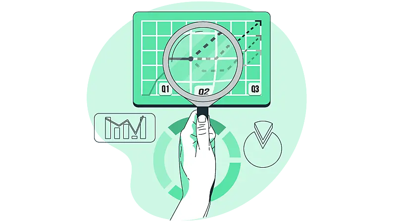 Imagem vetorizada de uma mão com uma lupa sob uma folha de papel com alguns dados. 