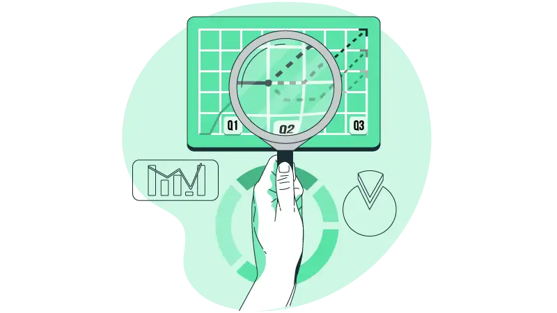 Imagem vetorizada de uma mão com uma lupa sob uma folha de papel com alguns dados. 