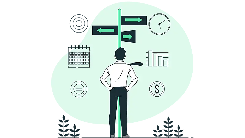 Imagem vetorizada de um homem analisando uma placa, com calendários, dados e dinheiro.