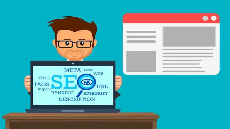 How to sell online marketing strategies The image show the ilustration of a guy holding a screen where it's written SEO, tittle, tacs, meta linkls, web, URL and other termos