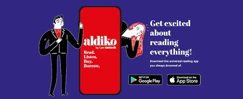 La imagen muestra la aplicación de Aldiko y está escrito "Anímate a leer todo" (traducción al español del inglés)