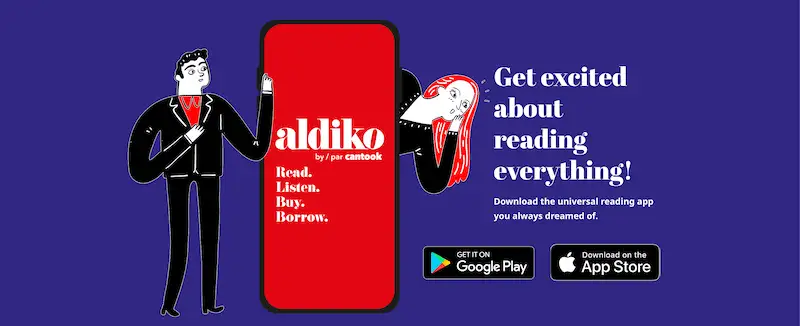 La imagen muestra la aplicación de Aldiko y está escrito "Anímate a leer todo" (traducción al español del inglés)