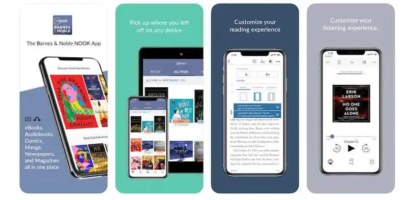La imagen muestra la aplicación Nook en varios dispositivos iPhone.