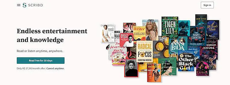 Página de inicio de Scribd donde está escrito "Entretenimiento y conocimiento sin fin" (traducción del inglés al español).