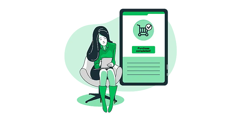 Imagem vetorizada de uma mulher sentada realizando compras em ecommerce com o tablet