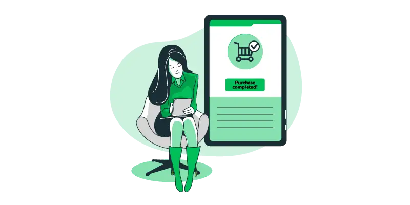 Imagem vetorizada de uma mulher sentada realizando compras em ecommerce com o tablet