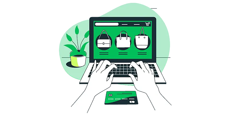 Imagem vetorizada de mãos digitando e fazendo compras online