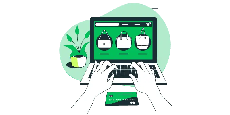 Imagem vetorizada de mãos digitando e fazendo compras online