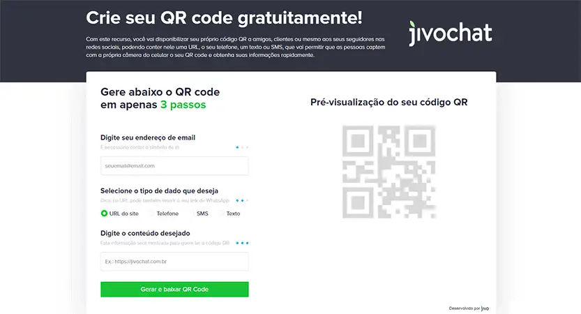 Captura da tela do site de gerar QR Code do JivoChat