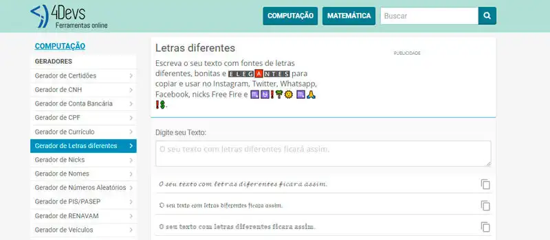 captura de tela do site 4devs de letras personalizadas para nick do ff 