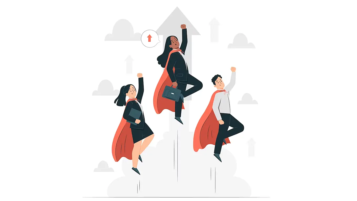 Ilustración de un líder animando a los demás, como superhéroes