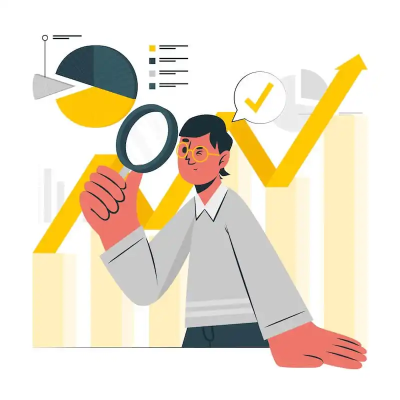 The image shows several charts and a person in front of them holding a magnifying glass