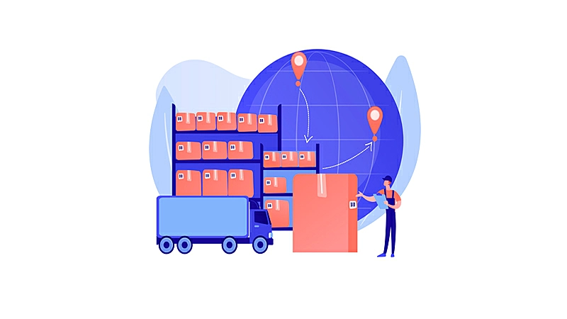 desenho de três trabalhadores empacotando caixas e utilizando uma empilhadeira