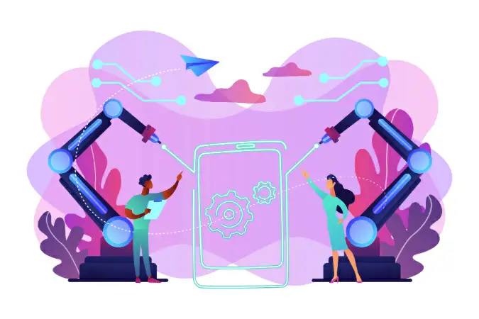 Lovable IA Ilustração de duas pessoas construindo um aplicativo com braços mecanicos