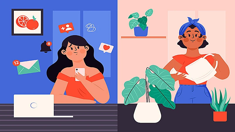 Ilustração de duas mulheres lado a lado, uma usando as redes sociais em um celular e outra regando uma planta