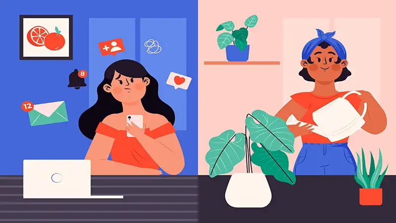 Ilustração de duas mulheres lado a lado, uma usando as redes sociais em um celular e outra regando uma planta