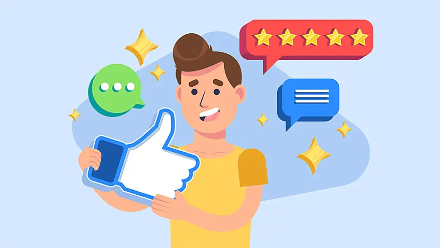 Ilustración de un chico con íconos de evaluaciones
