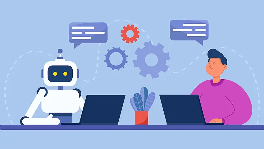 ilustración de una  persona y un robot chateando