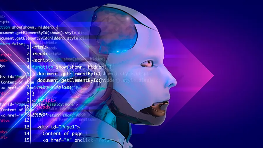 Imagen 3D de un robot junto a códigos html