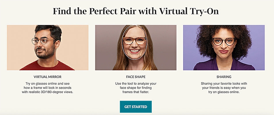 Picture of three people showcasing the virtual mirror, face shape and sharing functions of Zennioptical